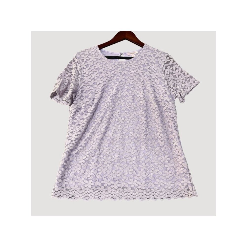 NWT Teddi Rose Women's Lace Top L Purple Floral Short Sleeve Scalloped Hem H2133